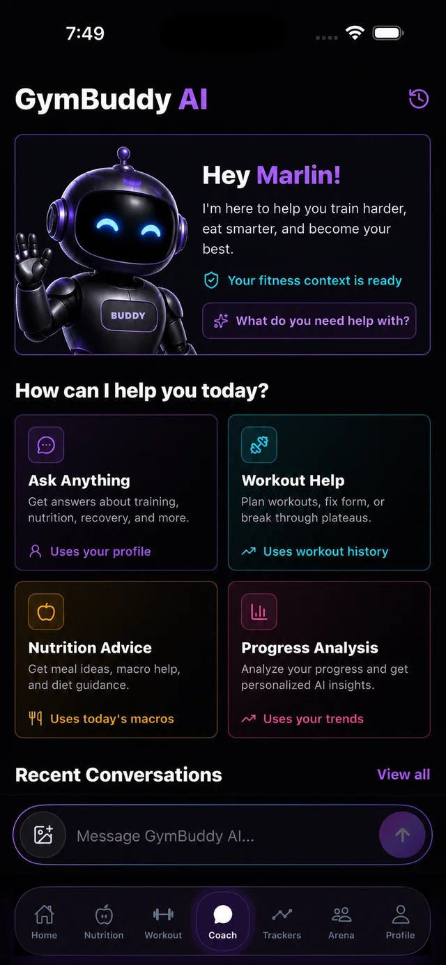 GymBuddy AI screen greeting Marlin with four assistance options