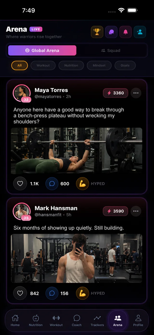 Revenge Arc Arena feed with community workout posts