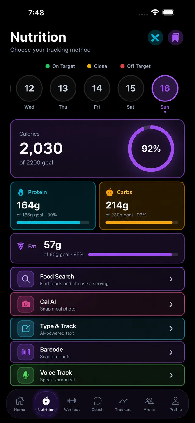 Revenge Arc Nutrition screen with goals, calories, macros, and logging methods