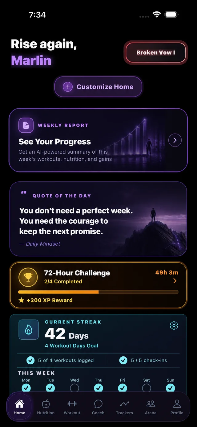 Revenge Arc home screen for Marlin showing a weekly report, quote, 72-hour challenge, and 42-day streak