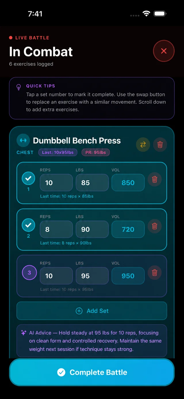 Revenge Arc In Combat workout screen with Dumbbell Bench Press sets